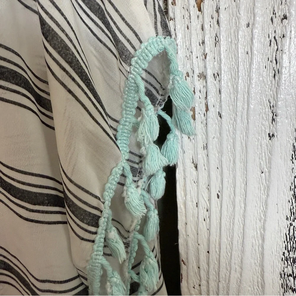 Swimsuit Cover Up Semi Sheer Black & White‎ Striped Turquoise Fringe One Size